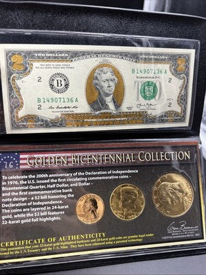 Bicentennial Enhanced Coin Collection 1976 25c 50c $1 Ike & 2013 $2 FRN Note