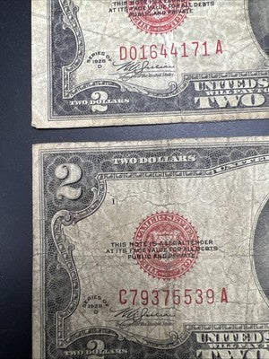 Lot of 5 1928 $2 USN United States Note Red Seal Bills G / VG Circ #39