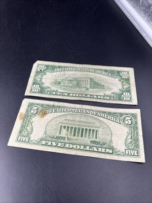 FRN Collector's Lot 1950 B $5 & 1950 D $10 Federal Reserve Note Bills Very Circ