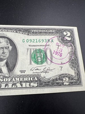 1976 $2 Two Dollar Bicentennial Bill Brookyln NY Postmarked (no Stamp) UNC #939