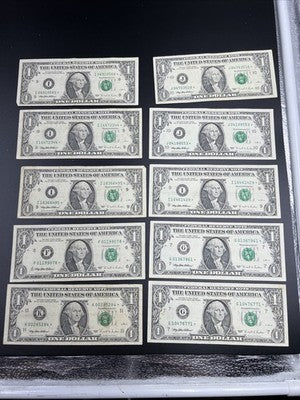 Lot of 10 1995 * $1 Star FRN Federal Reserve Notes VG + Circ #284
