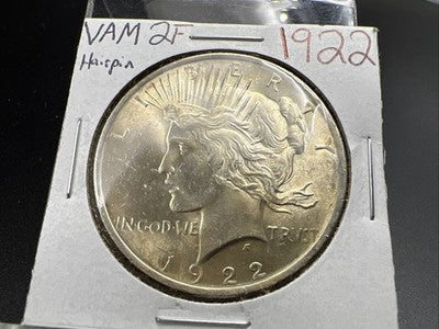1922 $1 Peace Silver Dollar Coin Vam 2F Variety Hairpin BU UNC Top 50 VAM