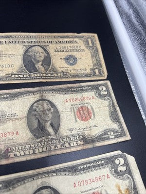 Very Circulated Note Lot 1957 $1 and 1953 $2 USN Red Seal Damaged Ugly #7