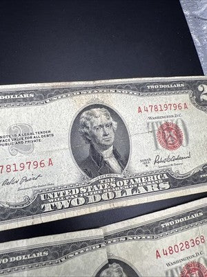 Lot of 6 1953 $2 USN Red Seal Legal Tender Bills Very Circulated #467