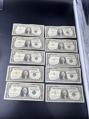 Lot of 10 1957 $1 One Dollar Silver Certificate Blue Seal Notes G / VG #845