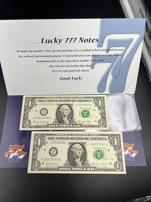 Lot of Two Lucky 7s $1 Dollar Bills 2013 VF 2017 A FRN Federal Reserve Note Circ