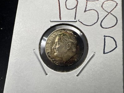 1958 D 10c Roosevelt Silver Dime Coin Neat Toning Toner CH BU UNC #a