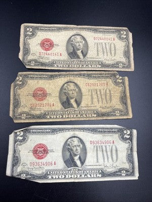Lot of 3 1928 $2 Two Dollar USN United States Notes Red Seal Very Circ #906
