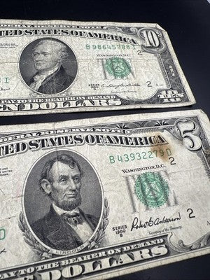 FRN Collector's Lot 1950 B $5 & 1950 D $10 Federal Reserve Note Bills Very Circ