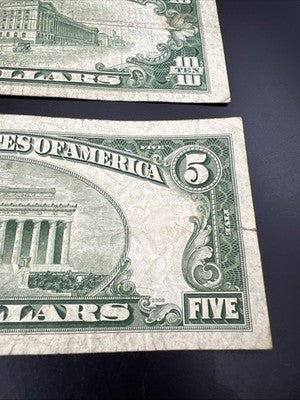 FRN Collector's Lot 1950 B $5 & 1950 D $10 Federal Reserve Note Bills Very Circ