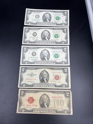 Lot of 5 $2 Bills 1928 1953 1995 2003 2009 Collector's Set Circ #529