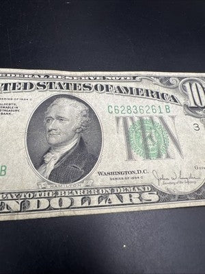 1934 A $10 FRN Ten Dollars Federal Reserve Note Fine Circ #61