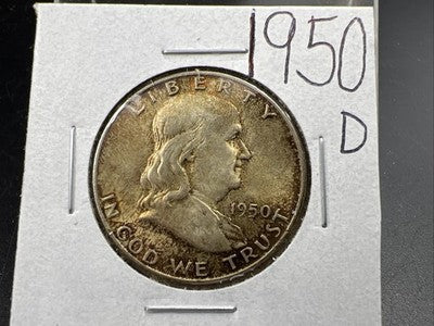 1950 D Franklin Half Dollar Silver Coin Choice AU About UNC Nice Amber Toning