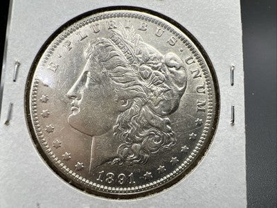 Bearl Tate Masonic Counterstamp on 1891 P $1 Morgan Silver Dollar AU Details