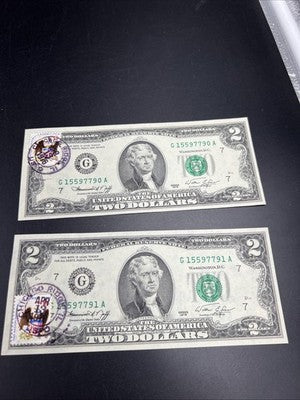 2 Consecutive 1976 $2 Bicentennial Postal Two Dollar Bill Chicago Ridge IL UNC A