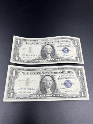 2 Consecutive 1957 $1 One Dollar Blue Seal Silver Certificates CH VF #10