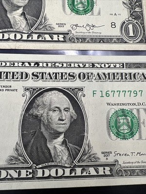 Lot of Two Lucky 7s $1 Dollar Bills 2013 VF 2017 A FRN Federal Reserve Note Circ