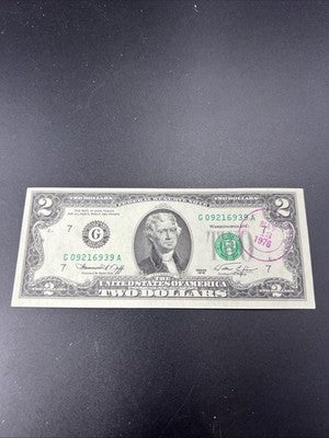 1976 $2 Two Dollar Bicentennial Bill Brookyln NY Postmarked (no Stamp) UNC #939
