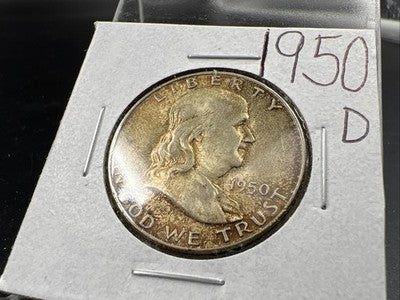 1950 D Franklin Half Dollar Silver Coin Choice AU About UNC Nice Amber Toning