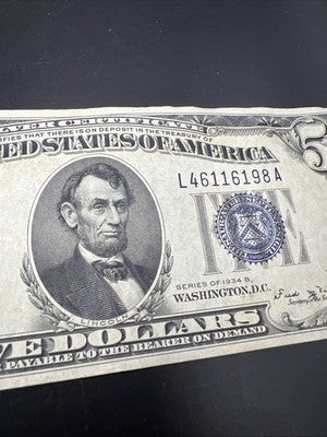 1934 D $5 US Silver Certificate VF Very Fine Circ Neat Serial Number