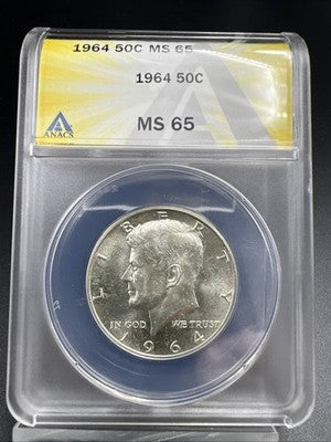 1964 P 50c Kennedy Silver Half Dollar Coin ANACS MS65 Gem BU #58