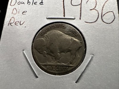 1936 5c Buffalo Nickel Coin Fine Circulated Double Die Reverse Variety