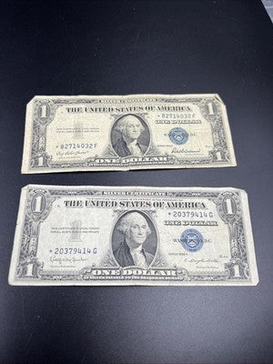 Lot of 2 1935 F H * Star US Silver Certificate One Dollar Bills VG / Fine #14