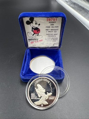 Mickey's Magic 1987 Disney Good Luck 1 Oz Silver Coin in Box