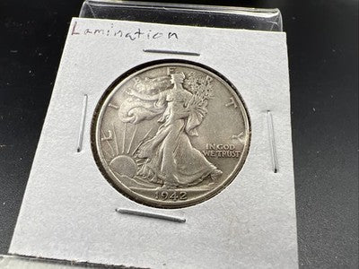1942 50c Walking Liberty Silver Half Dollar Coin OBV Lamination VF Circ