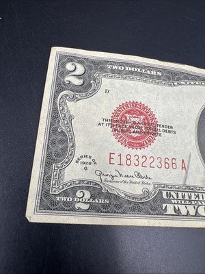1928 G $2 Two Dollar Legal Tender US Red Seal Note VF Repeat Serial # 18322366