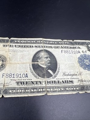 1914 $20 Large Size Twenty Dollar Federal Reserve Note Very Circulated Damaged