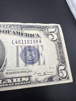 1934 D $5 US Silver Certificate VF Very Fine Circ Neat Serial Number