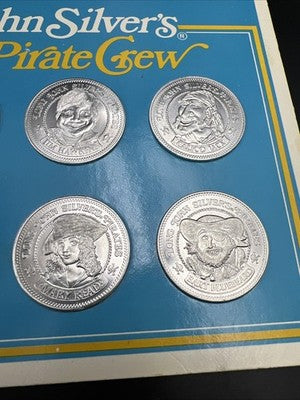 Long John Silver's Pirate Crew 8 Medallion Token Set UNC in Display Card SK#B