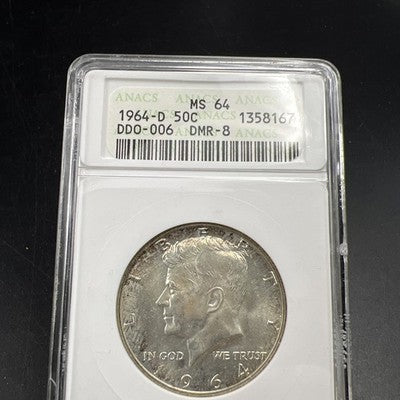 1964 D 50c Kennedy FS-106 Half Dollar Coin Double Die Obverse DDO 006 ANACS MS64