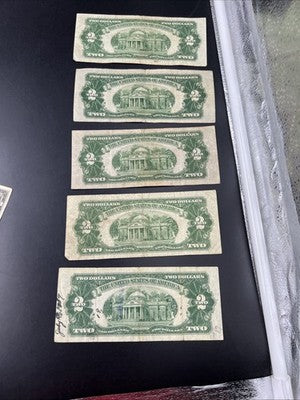 Lot of 5 1928 $2 USN United States Note Red Seal Bills VG Very Good Circ #082