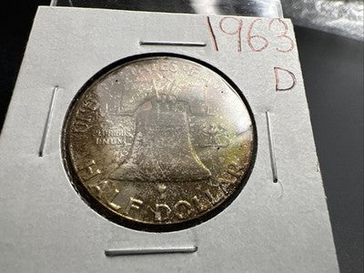 1963 D Franklin Half Dollar Silver Coin Choice BU UNC Neat Toning Reverse #B