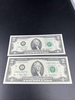 2 Consecutive 2003 $2 FRN Federal Reserve Notes Neat Serial Numbers #881