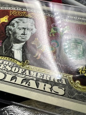 2 Consecutive Serial 2013 Lucky Money Year of Dog Colorized $2 Two Dollar Bills
