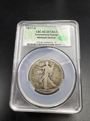 1917 S Obverse MM 50c Walking Liberty Silver Half Dollar Coin CAC AG Details
