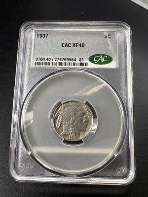 1937 P 5c Buffalo Nickel Coin CAC XF40 Extra Fine Circulated Certified