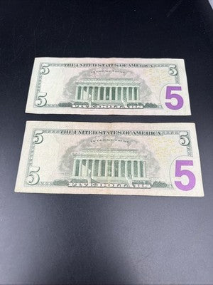 Lot of 2 2013 $5 FRN Federal Reserve Notes Neat Serial # VG Circ #M