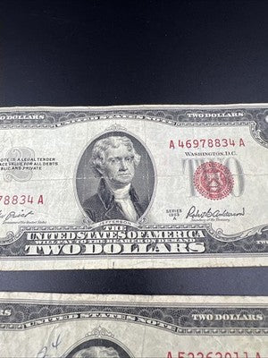 Lot of 6 1953 $2 USN Red Seal Legal Tender Bills Very Circulated #467