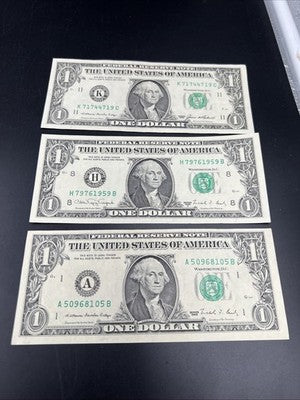 Lot of 3 XF EF 1988 $1 FRN Federal Reserve Notes #105