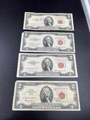 Lot of 4 1963 1953 $2 USN Red Seal Notes Average Circ Red Seal Bills #687