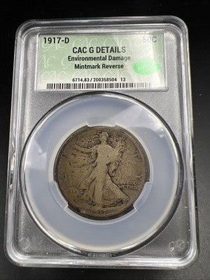 1917 D 50c Walking Liberty Silver Half Dollar Coin CAC G Details