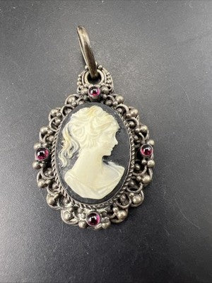 Carved Antique Wax Cameo in Sterling Silver w/ Stones Necklace Pendant 17.3 Gs