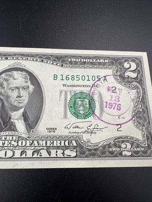 1976 $2 Two Dollar Bicentennial Bill Brookyln NY Postmarked (no Stamp) UNC #105