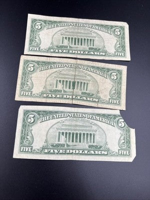 Lot of 3 Very Circulated 1963 $5 USN United States Notes One Damaged #596
