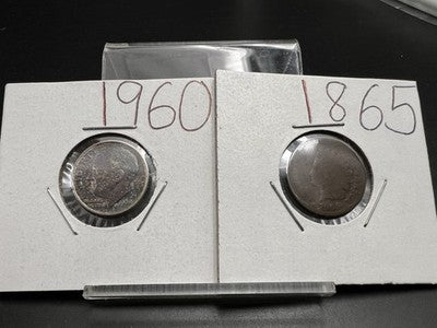 95 Years of US Coins Set 1960 10c VF / XF Silver Dime & 1865 Indian Cent Coin AG