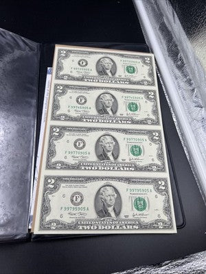 4 Note Souvenir Sheet 2003 US $2 Two Dollar FRN Federal Reserve Notes in Book #A